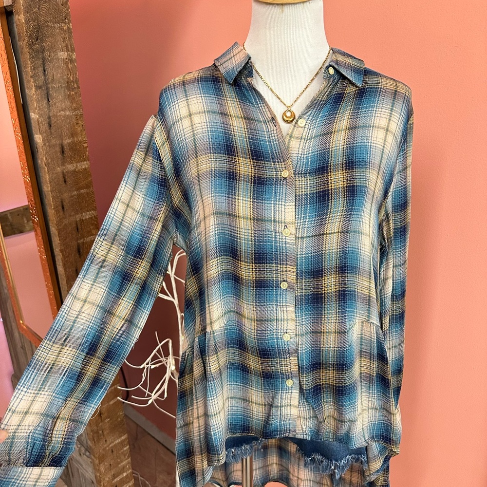 NWT! Plaid Button Shirt with Floral Embroidery - Picture 2 of 5